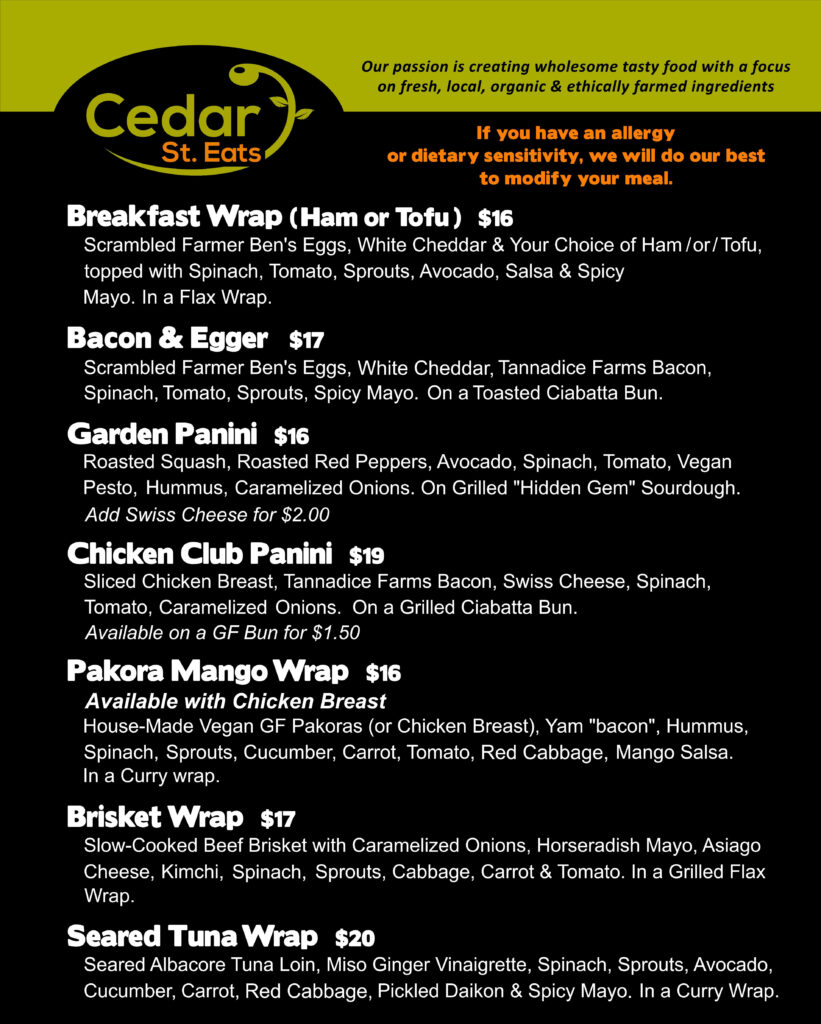 Cedar St Eats menu